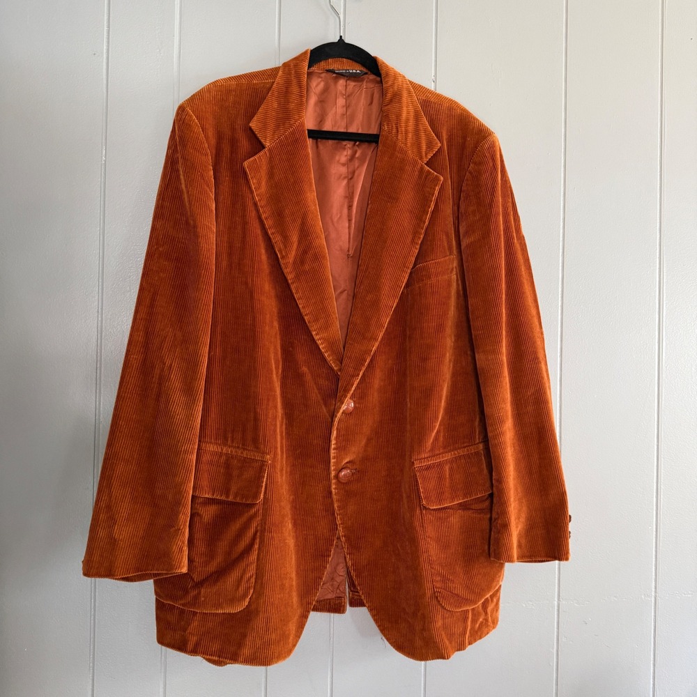 Vtg L Strauss Burnt Orange Corduroy Blazer Jacket Sport Coat 48R USA Mens 70s